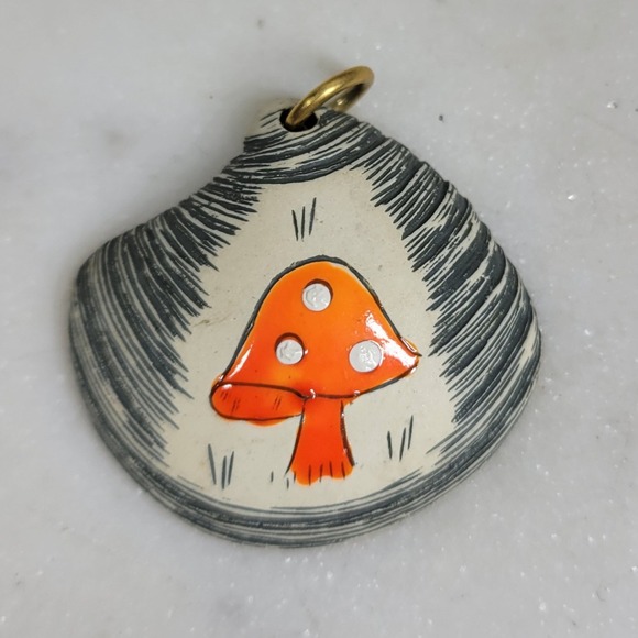 Handmade Jewelry - Handpainted Shell Mushroom Pendant Orange Cottagecore Woodland Jewelry Whimsical